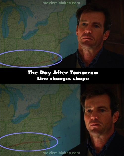 Phim The Day after tomorrow, đoạn Jack báo cáo với Tổng thống, anh vẽ một đường kẻ đỏ lên tấm bản đồ và nói với Tổng thống về việc sơ tán người dân sinh sống ở phía nam của đường kẻ. Tuy nhiên, hình dạng của đường kẻ ngang này không giống nhau giữa các cảnh quay
